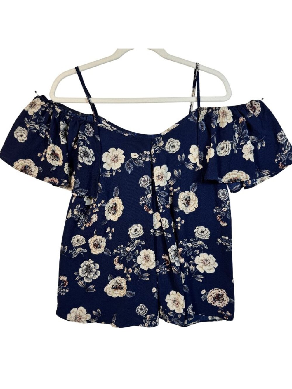 Blue Rain Floral Off-Shoulder Navy Blouse S Lightweight Ruffle Sleeves